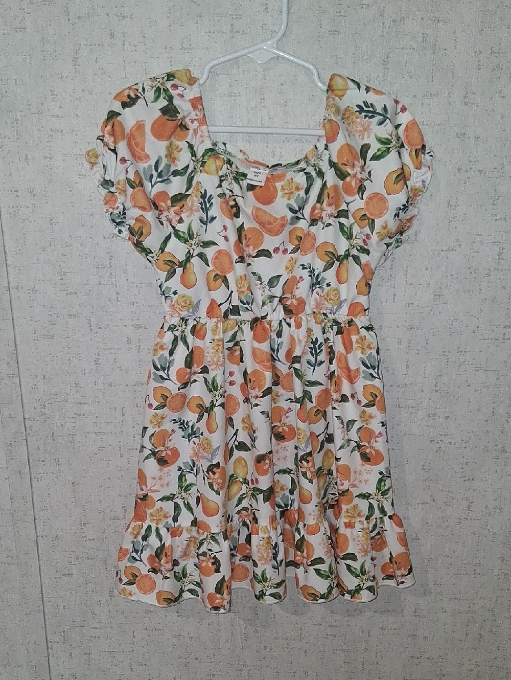 SHEIN White Orange Fruit-Print Puff Sleeve Kids Dress